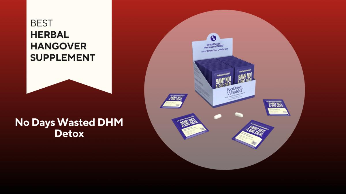 A light purple box filled with dark purple packets of No Days Wasted DHM Detox Recovery Blend with two pills outside the box and four packets of pills outside the box against a red background.